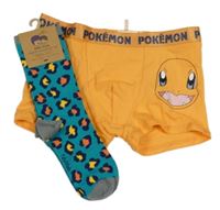 2set - Oranžové boxerky s Charmanderem - Pokémon + modrozelené vzorované ponožky