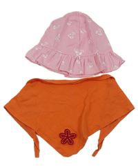 2 set - Světlerůžový lehký klobouk s květinami + oranžový slinták 
