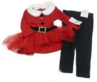 Nové - 2 set - černé legíny + červená tunika s bílým chlupatým límečkem a tylem - Santa