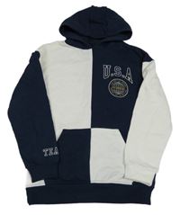 Bílo-tmavomodrá mikina s nápisem a kapucí zn. Primark