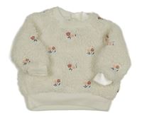 Bílá huňatá mikina s výšivkami květů 