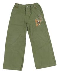 Khaki plátěné kalhoty s výšivkou 