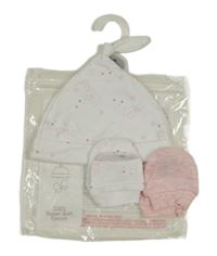 Nové - 3 set - bílá čepice s hvězdami + 2x bavlněné rukavice - bílé + světlerůžové Primark