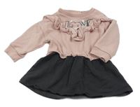 Růžovo-antracitové teplákové šaty s volánkem 