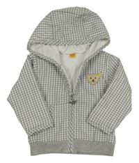 Šedo-bílá kostičkovaná lehká bunda s medvědem a kapucí 