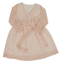 Světlerůžové šifonové puntíkaté šaty s páskem 