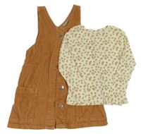 2 set - smetanové žebrované květované triko + hnědé propínací manšestrové šaty Matalan