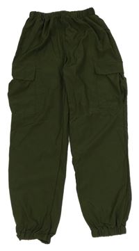 Tmavozelené lehké cuff kalhoty s kapsami 