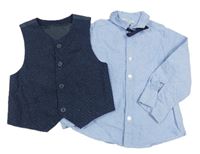 3set - Světlemodrá košile + tmavomodrá vzorovaná vesta + modrý motýlek Urban