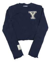 Tmavomodré žebrované crop triko s písmenem H&M