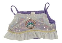 Lila-bílý třpytivý crop top s flitry a mušlí