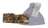 Nové - 2set - Lila čepice s králíčky + khaki květovaná čelenka 