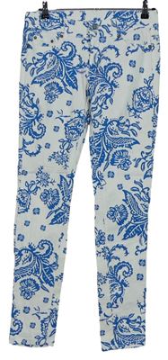 Dámské bílo-modré vzorované skinny plátěné kalhoty 