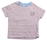 Bílo-růžové pruhované crop tričko sr srdíčkem a nápisem M&S