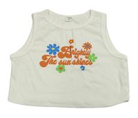 Bílý žebrovaný crop top s nápisem a kytičkami Shein