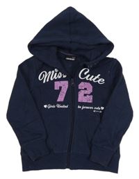 Tmavomodrá propínací mikina s nápisem a kapucí 