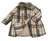 Bílo-černo-růžový kostkovaný vlněný kabát s kožíškem F&F