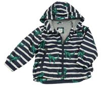 Tmavomodro-bílá pruhovaná šusťáková jarní bunda s dinosaury a kapucí GAP