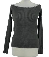 Nové - Dámský šedý žebrovaný svetr s lodičkovým výstřihem a korálky 