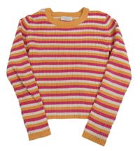 Růžovo-oranžovo-bílý pruhovaný žinylkový crop svetr zn. Primark