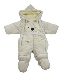 Světebéžovošedá sametová zateplená kombinéza se psem a kapucí  