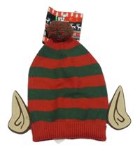 Nové - Červeno-zelená pruhovaná čepice s ušima - Elf