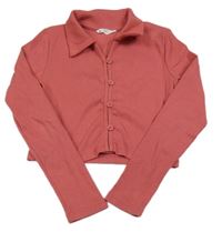 Jahodové žebrované propínací crop triko s límečkem Matalan