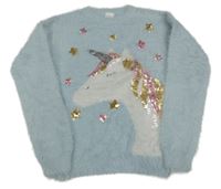 Světlemodrý chlupatý svetr s jednorožcem a hvězdami z flitrů F&F
