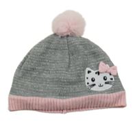 Šedo-růžová pletená čepice s kočkou a bambulí 