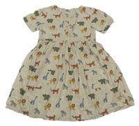 Bílo-béžové vzorované plátěné šaty se zvířaty Jojo Maman Bébé
