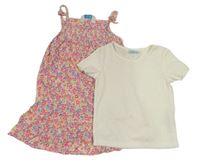 2set - Světlerůžové šaty s kytičkami + bílé žebrované tričko Primark