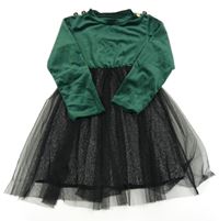 Zeleno-černé sametovo/tylové šaty s knoflíky 