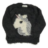 Tmavošedý chlupatý svetr s jednorožcem H&M