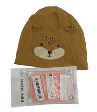 Nové - 2set - Béžová bavlněná čepice + růžové ponožky 