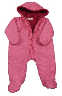 Růžová šusťáková zimní kombinéza s puntíky a kapucí M&Co.
