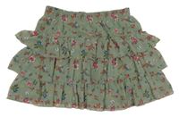 Khaki šifonová vrstvená sukně s kytičkami 