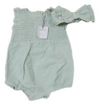 Nové - 2set - Khaki-bílé kostkované žabičkové krepové body + čelenka Tu