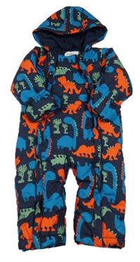 Tmavomodrá šusťáková zimní kombinéza s dinosaury a kapucí M&S