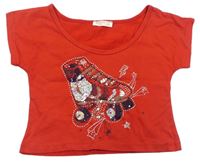 Červené crop tričko s kolečkovou bruslí s flitry a kamínky BREEZE