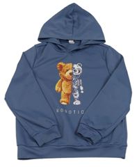 Tmavomodrošedá sportovní mikina s medvídkem a kapucí zn. SHEIN