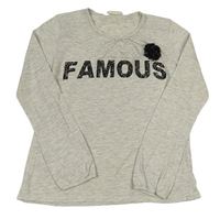 Světlešedé melírované triko s nápisem s kamínky a květem zn. Zara