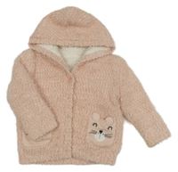 Světlerůžový chlupatý propínací zateplený svetr s čumáčky a kapucí George