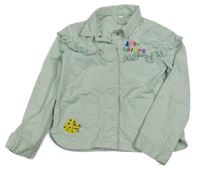 Mátová riflová bunda s nápisy a zvířátky a volánky H&M