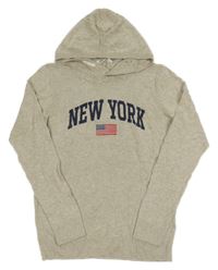 Světlešedý melírovaný svetr s nápisem a vlajkou a kapucí H&M