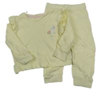 Světležluté perforované pyžamo s kapsou se zajíčkem a kytičkami a volánky Matalan