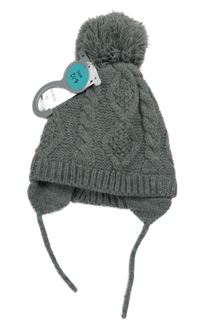 Nové - šedá melírovaná vzorovaná pletená zateplená zavazovací čepice s bambulí Matalan