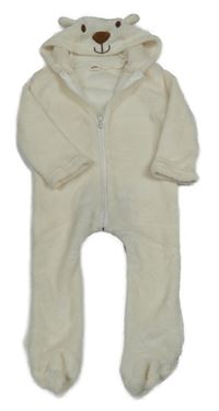 Smetanová plyšová kombinéza s kapucí - medvídek