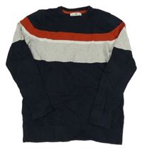 Tmavomodro-světlešedo-bílo-karmínový svetr C&A