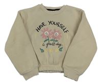 Béžová teplá crop mikina s kytičkami a nápisem 