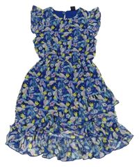 Safírové šifonové šaty s tukany a kytičkami a volánky Kiki&Koko